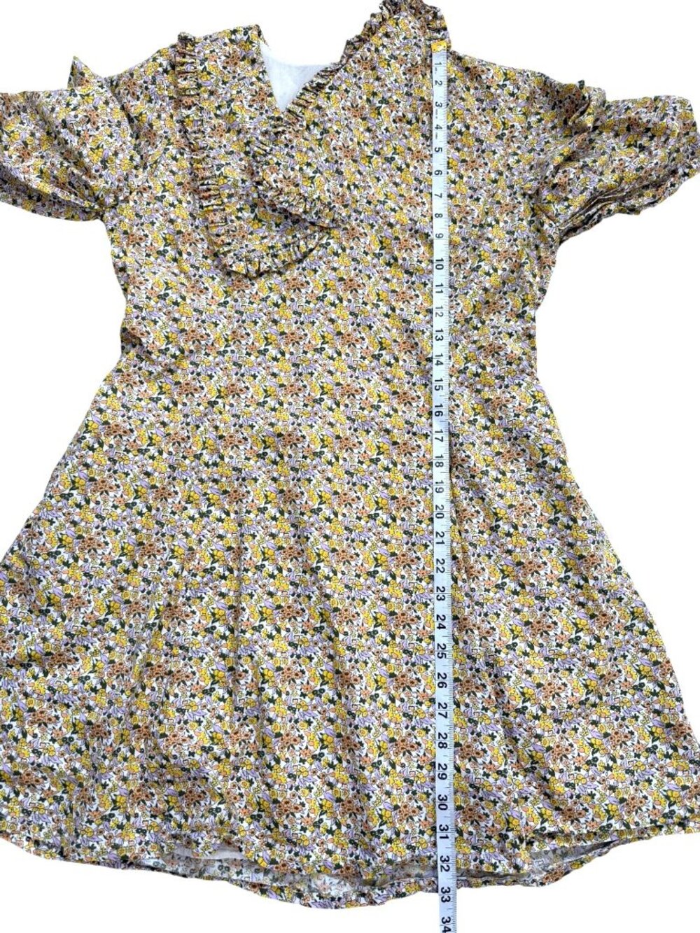 Anthropologie Womens Size 14 Collared Floral Mini Dress Yellow Puff Sleeve - Picture 7 of 9